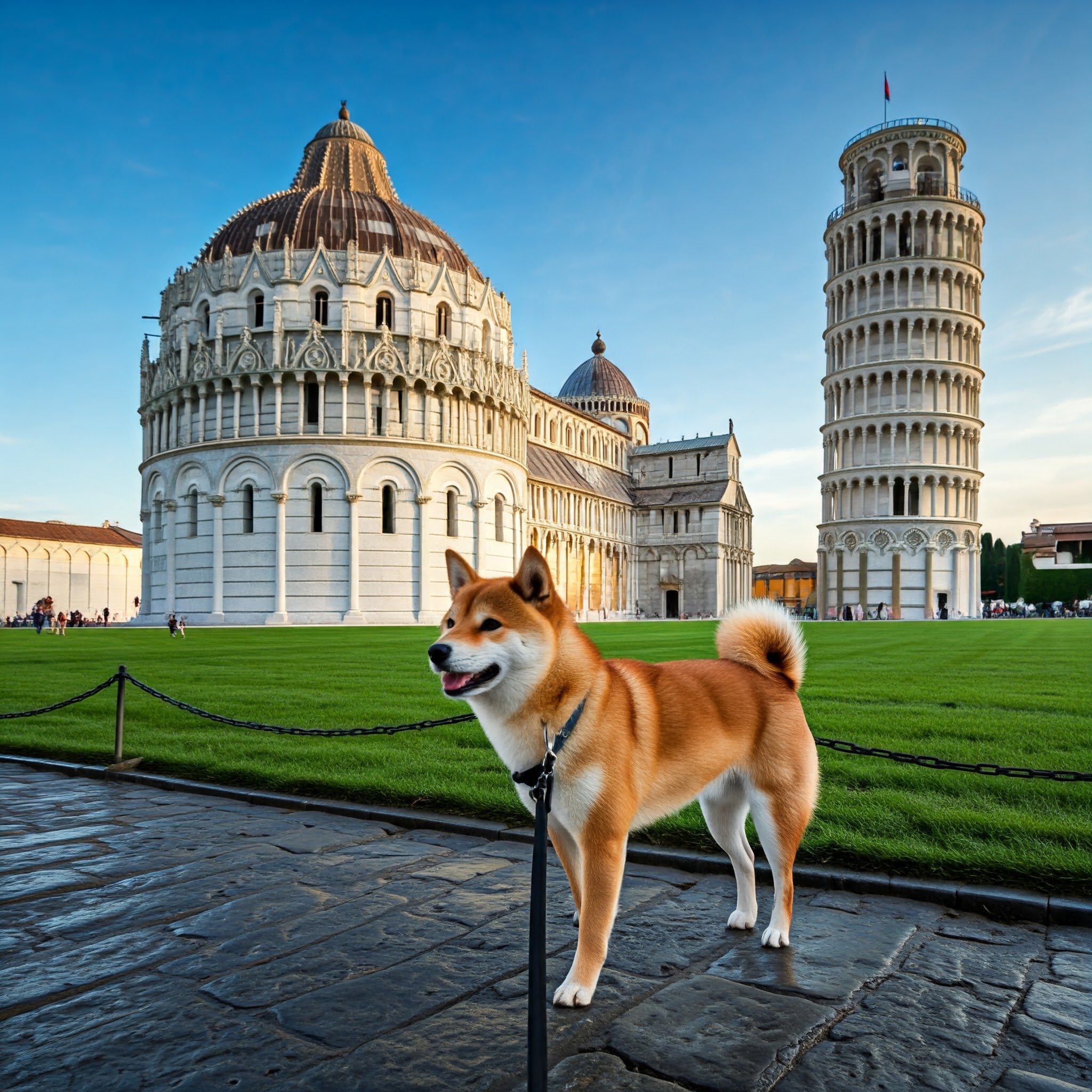 uno shiba al guinzaglio a piazza dei miracoli pisa